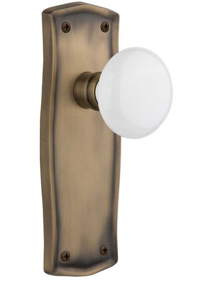 Prairie Door Set with White Porcelain Knobs - No Keyhole in Antique Brass .